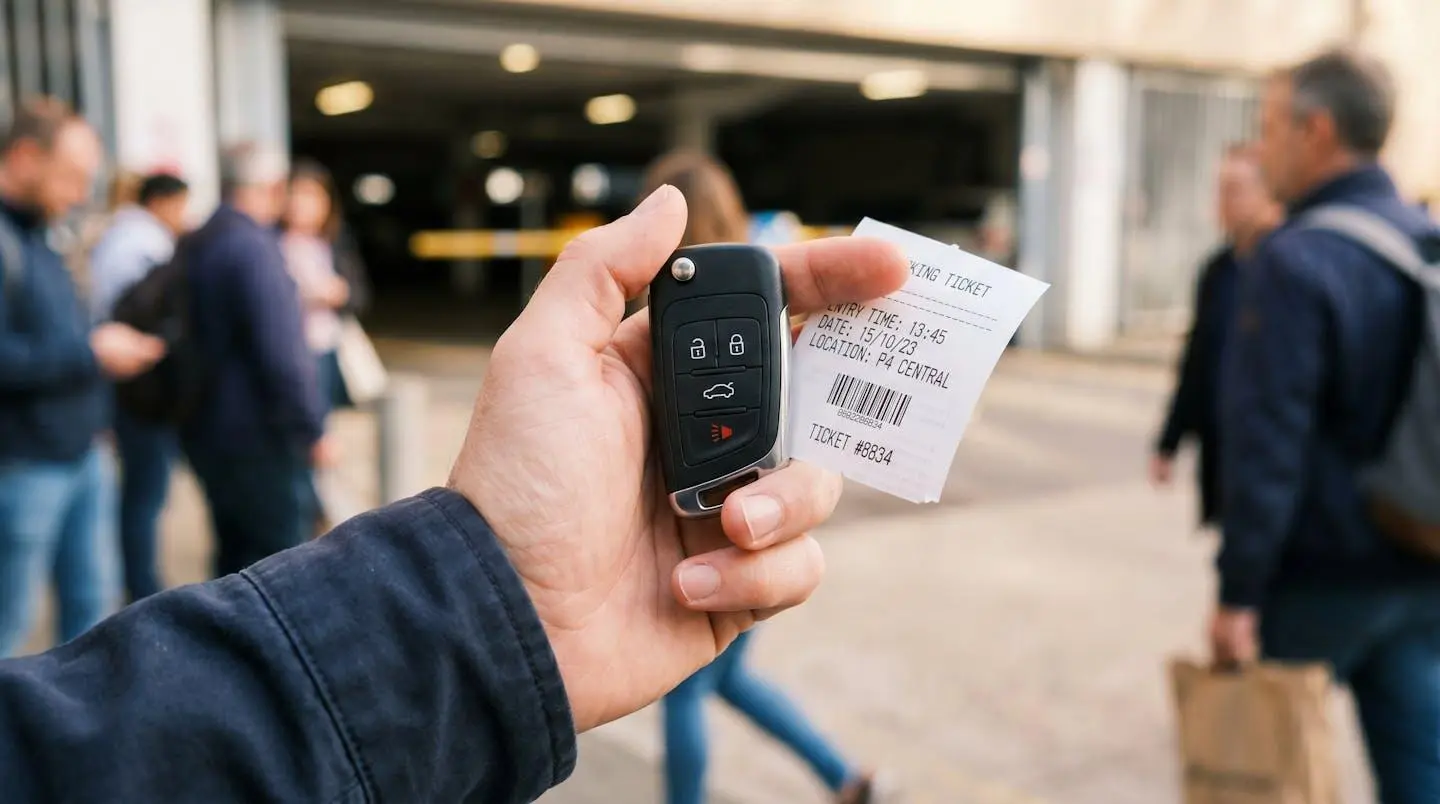 Une main tient des clés de voiture avec un ticket de parking sur une surface moderne avec arrière-plan flouté