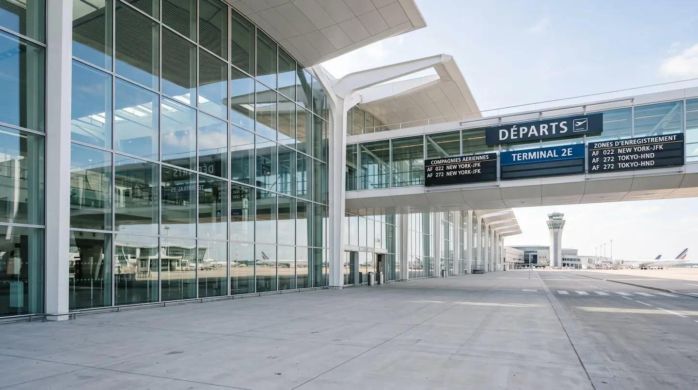 Façade vitrée moderne du terminal de l'aéroport Charles de Gaulle avec signalétique visible sur un ciel lumineux