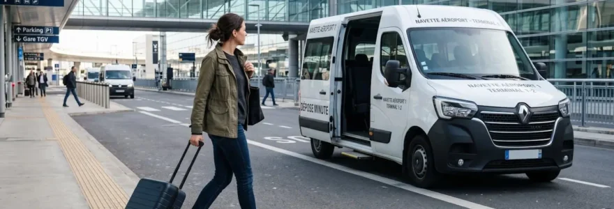 Un voyageur en tenue décontractée tire une valise cabine vers une navette moderne dans un parking aéroportuaire lumineux
